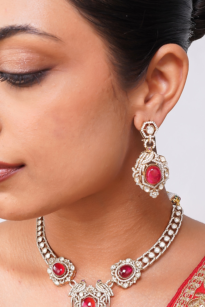Gold Finish Kundan Polki & Ruby Red Stone Necklace Set by Beryachi at Pernia's Pop Up Shop