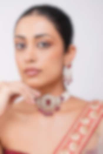 Gold Finish Kundan Polki & Ruby Stone Choker Necklace Set by Beryachi at Pernia's Pop Up Shop