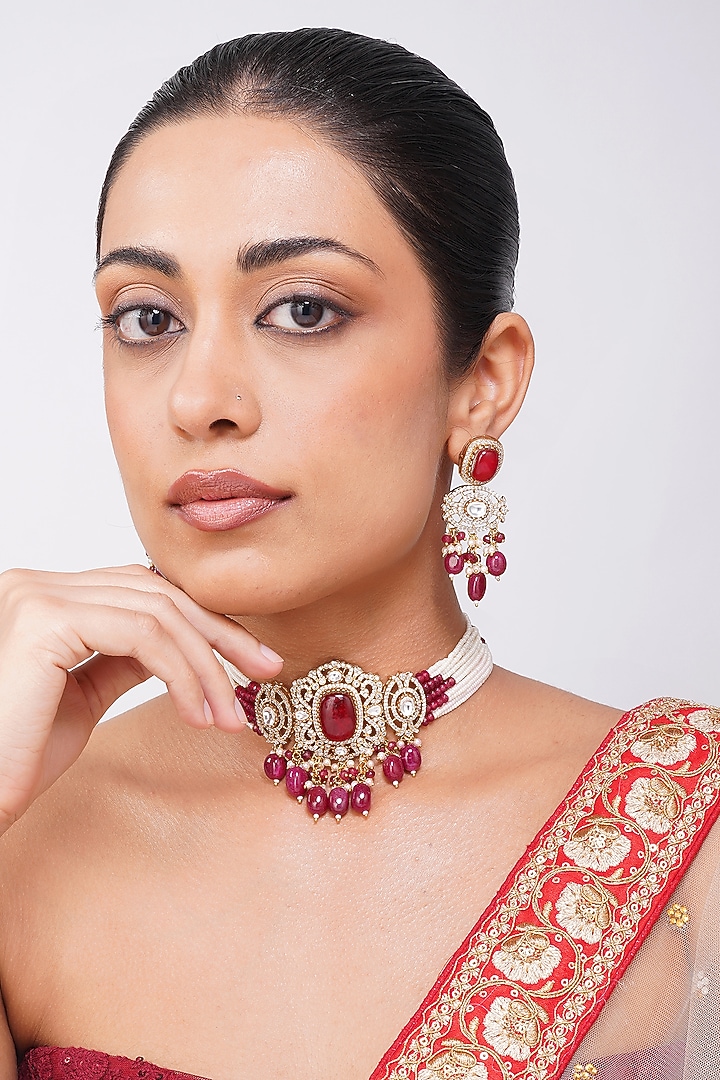 Gold Finish Kundan Polki & Ruby Stone Choker Necklace Set by Beryachi at Pernia's Pop Up Shop