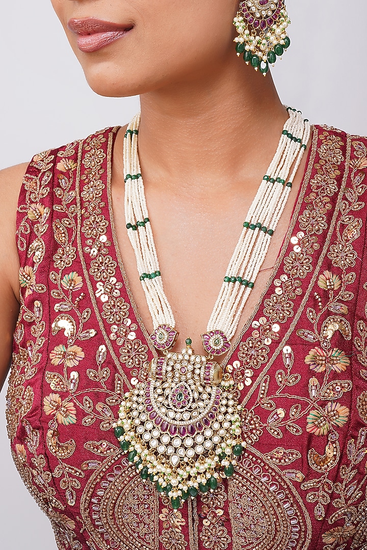 Gold Finish Kundan Polki & Emerald Green Stone Rani-Haar Necklace Set by Beryachi at Pernia's Pop Up Shop