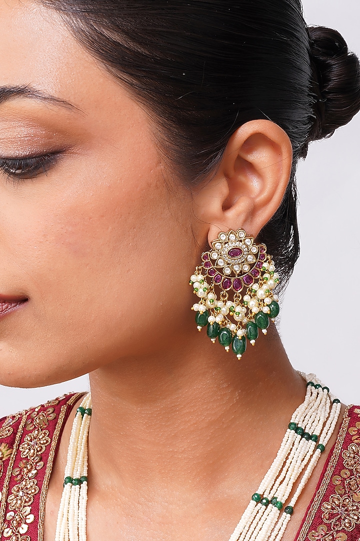Gold Finish Kundan Polki & Emerald Green Stone Rani-Haar Necklace Set by Beryachi at Pernia's Pop Up Shop