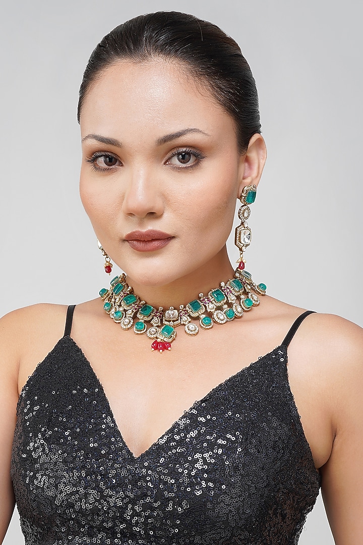 Gold Plated Kundan Polki & Ruby Red Stone Necklace Set by Beryachi at Pernia's Pop Up Shop