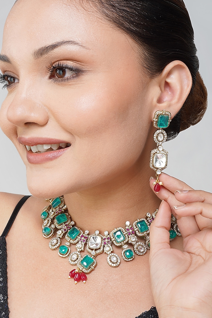Gold Plated Kundan Polki & Ruby Red Stone Necklace Set by Beryachi at Pernia's Pop Up Shop