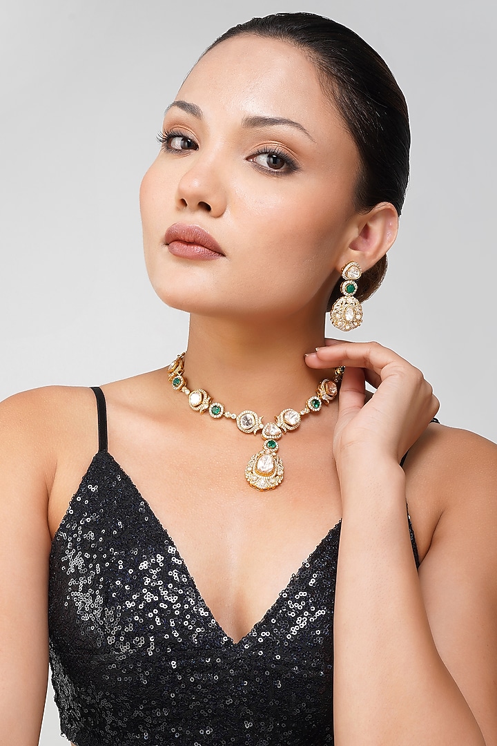 Gold Plated Kundan Polki & Emerald Green Stone Necklace Set by Beryachi at Pernia's Pop Up Shop
