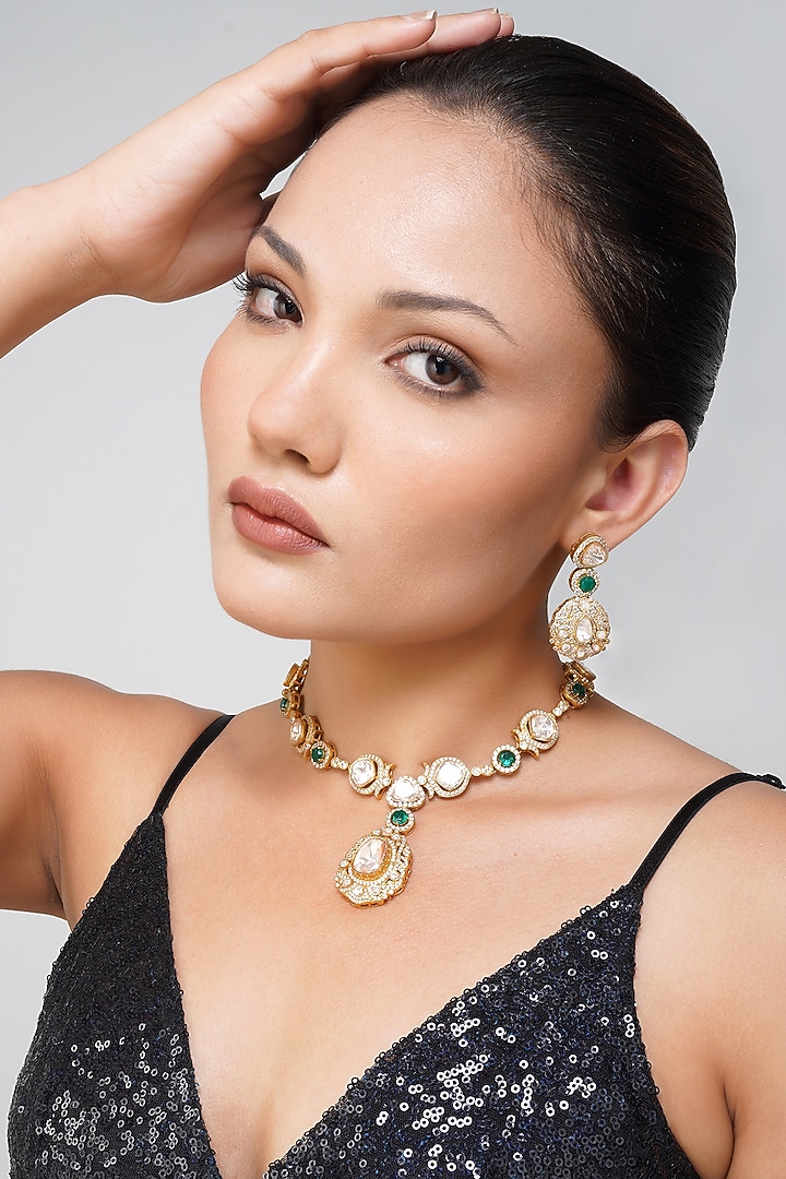 Gold Plated Kundan Polki & Emerald Green Stone Necklace Set by Beryachi at Pernia's Pop Up Shop
