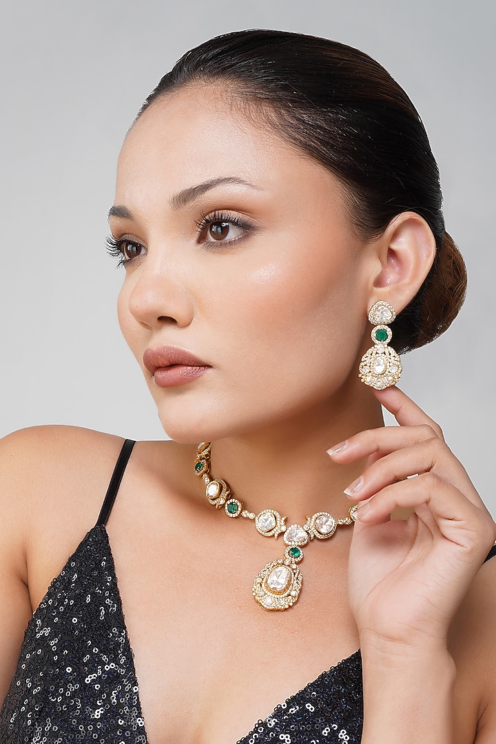 Gold Plated Kundan Polki & Emerald Green Stone Necklace Set by Beryachi at Pernia's Pop Up Shop