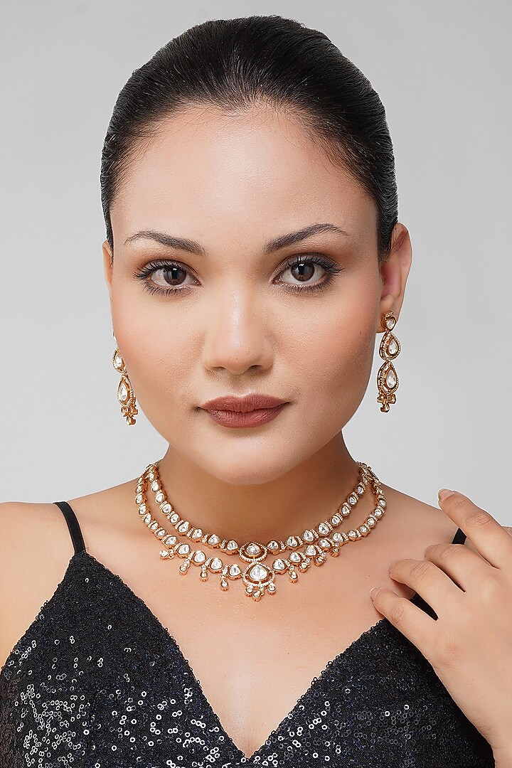 Gold Plated Kundan Polki Layered Necklace Set by Beryachi at Pernia's Pop Up Shop