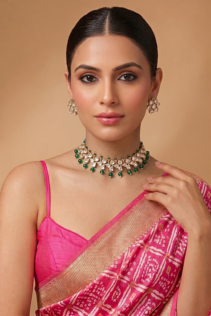 Gold Finish Kundan Polki & Emerald Stone Choker Necklace Set by Beryachi at Pernia's Pop Up Shop
