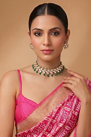 Gold Finish Kundan Polki & Emerald Stone Choker Necklace Set by beryachi