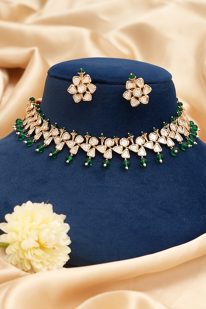 Gold Finish Kundan Polki & Emerald Stone Choker Necklace Set by Beryachi at Pernia's Pop Up Shop