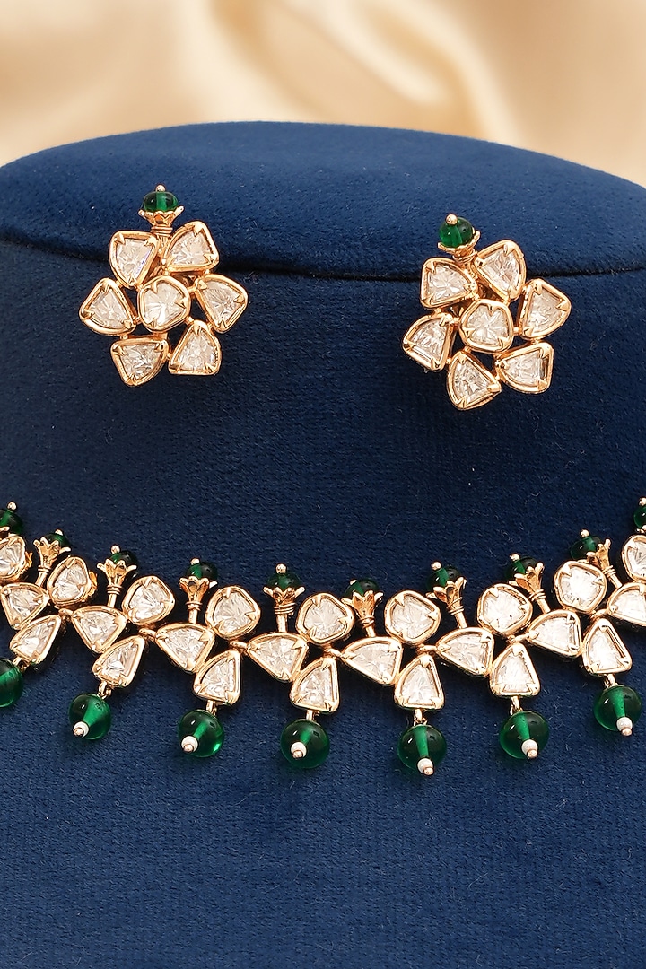 Gold Finish Kundan Polki & Emerald Stone Choker Necklace Set by Beryachi at Pernia's Pop Up Shop