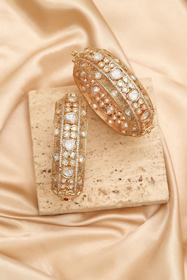 Gold Finish Kundan Polki Bangles (Set Of 2) by Beryachi at Pernia's Pop Up Shop