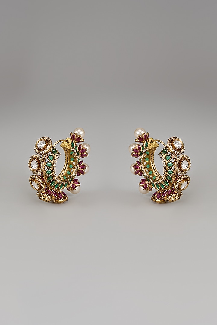 Gold Plated Kundan Polki & Zircon Hoop Earrings by Beryachi