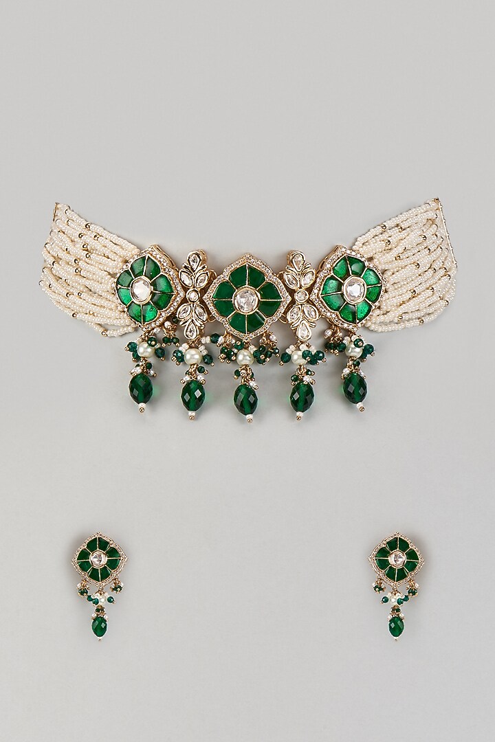 Gold Finish Kundan Polki & Pearl Choker Necklace by Beryachi at Pernia's Pop Up Shop