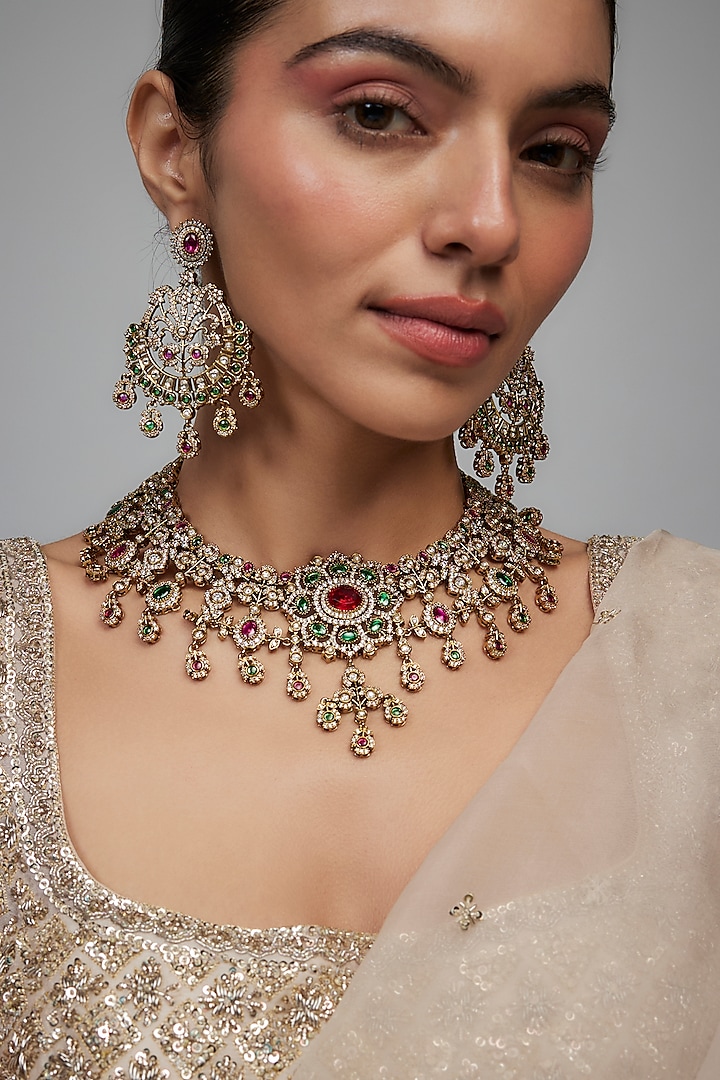 Gold Finish Kundan Polki & Zircon Necklace Set by Beryachi at Pernia's Pop Up Shop