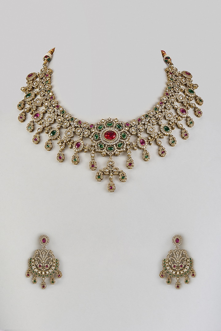 Gold Finish Kundan Polki & Zircon Necklace Set by Beryachi at Pernia's Pop Up Shop