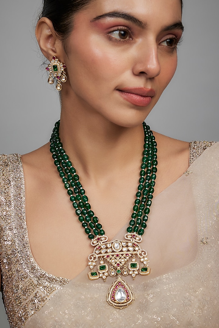 Gold Finish Kundan Polki & Emerald Green Beaded Long Necklace Set by Beryachi at Pernia's Pop Up Shop