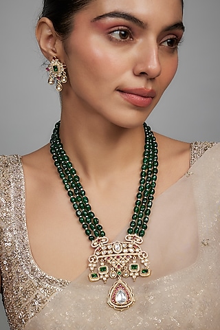 Gold Finish Kundan Polki & Emerald Green Beaded Long Necklace Set by beryachi