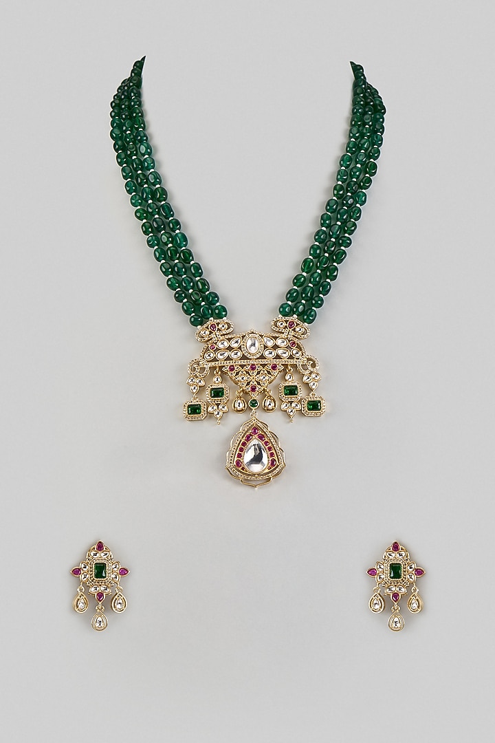 Gold Finish Kundan Polki & Emerald Green Beaded Long Necklace Set by Beryachi at Pernia's Pop Up Shop