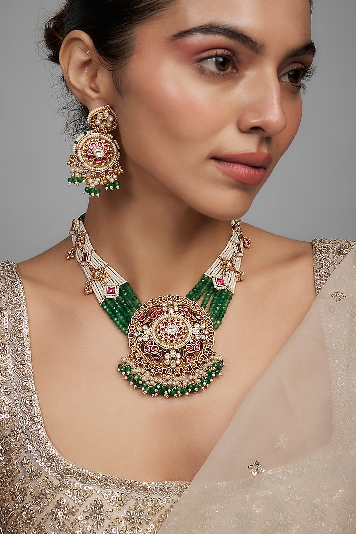 Gold Finish Kundan Polki & Pearl Necklace Set by Beryachi at Pernia's Pop Up Shop