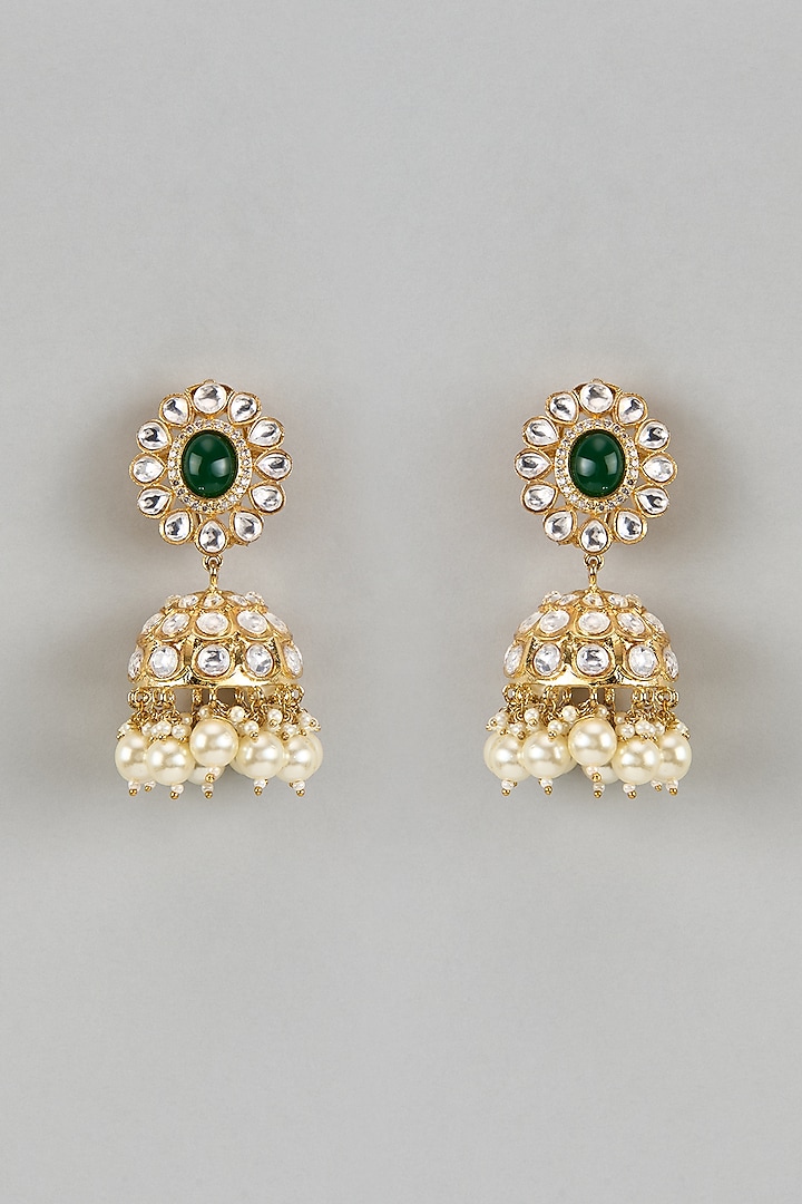 Gold Finish Kundan Polki & Emerald Green Stone Jhumka Earrings by Beryachi at Pernia's Pop Up Shop