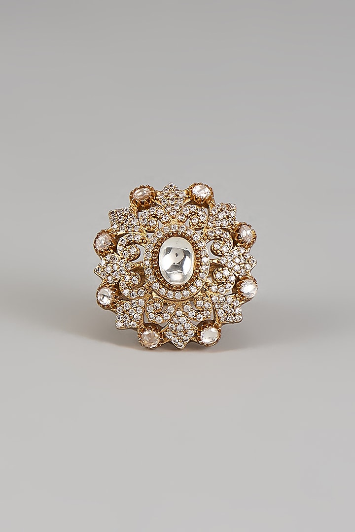 Gold Finish Kundan Polki & Zircon Ring by Beryachi