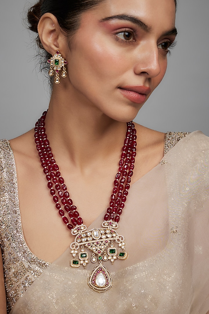 Gold Finish Kundan Polki & Ruby Beaded Long Necklace Set by Beryachi at Pernia's Pop Up Shop