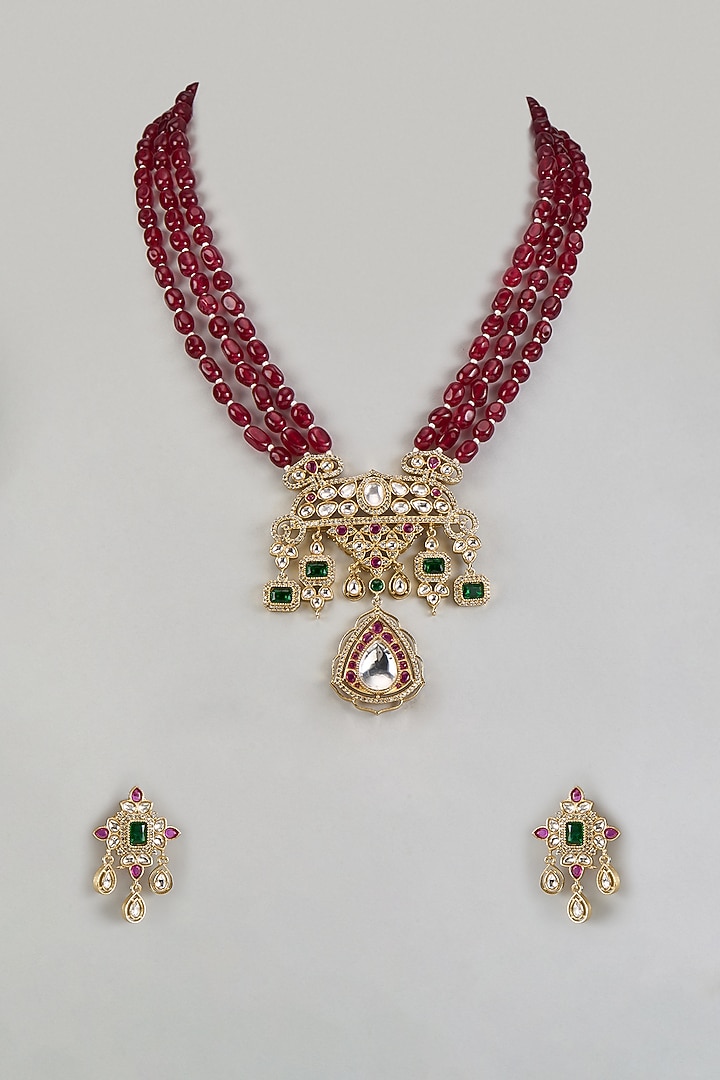 Gold Finish Kundan Polki & Ruby Beaded Long Necklace Set by Beryachi at Pernia's Pop Up Shop
