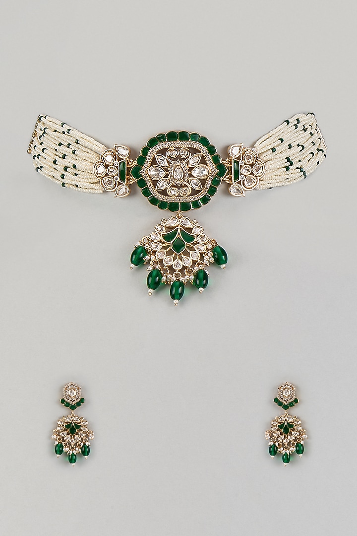 Gold Finish Kundan Polki & Pearl Drop Choker Necklace Set by Beryachi at Pernia's Pop Up Shop