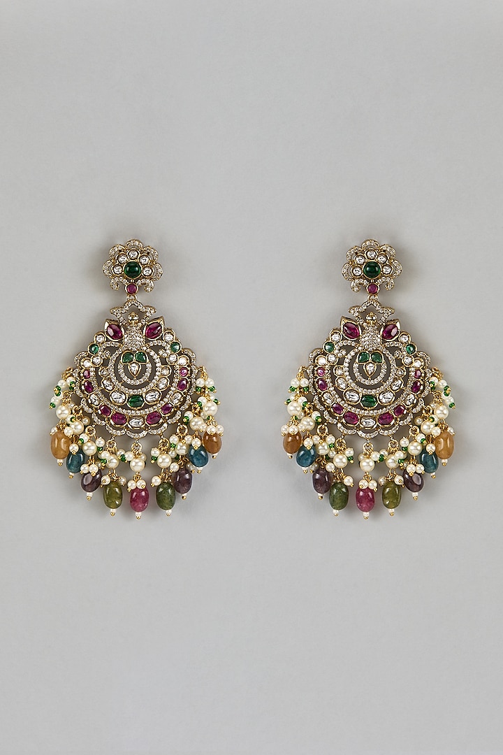 Gold Finish Multi-Colored Kundan Polki Chandbali Earrings by Beryachi