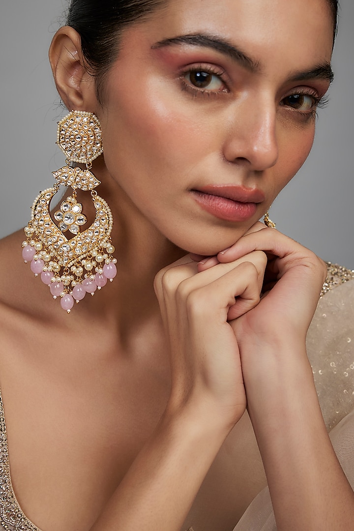 Gold Finish Kundan Polki & Pearl Drop Chandbali Earrings by Beryachi