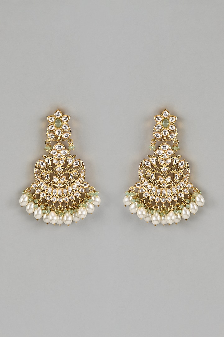 Gold Finish Kundan Polki & Pearl Chandbali Earrings by Beryachi at Pernia's Pop Up Shop