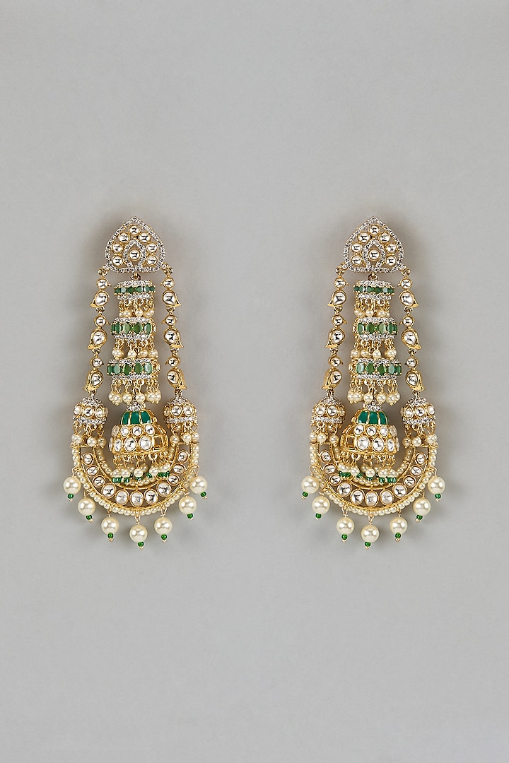 Gold Finish Kundan Polki Dangler Earrings by Beryachi