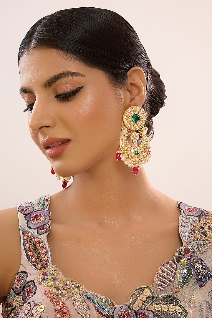 Gold Finish Multi-Colored Kundan Polki Chandbali Earrings by Beryachi at Pernia's Pop Up Shop