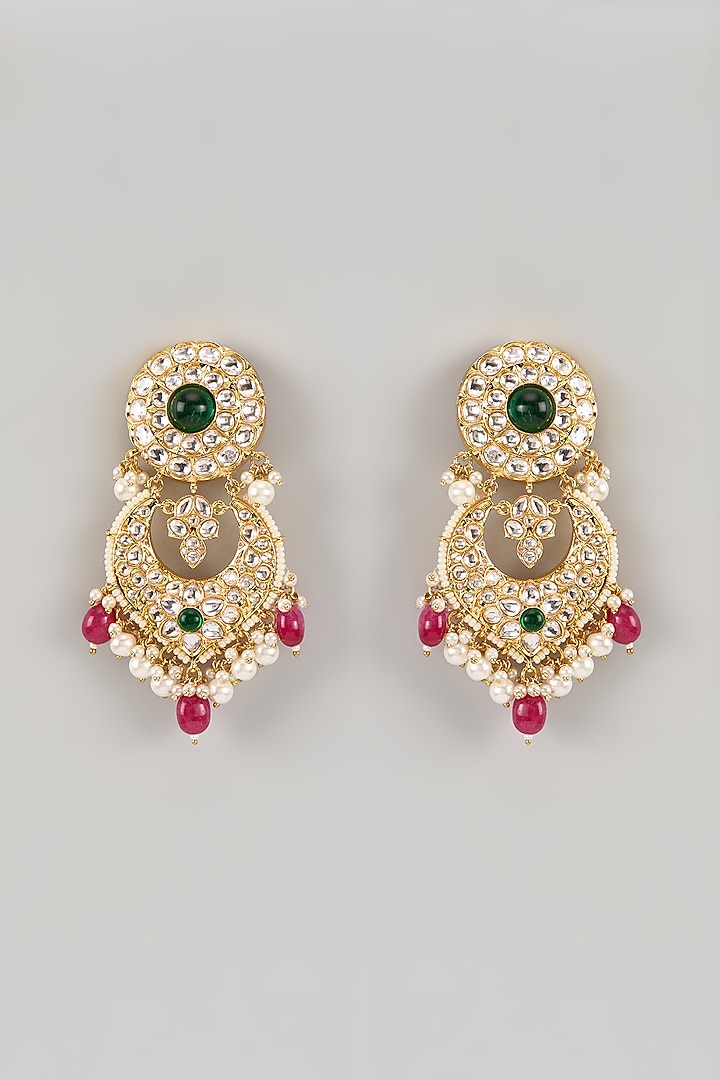 Gold Finish Multi-Colored Kundan Polki Chandbali Earrings by Beryachi at Pernia's Pop Up Shop