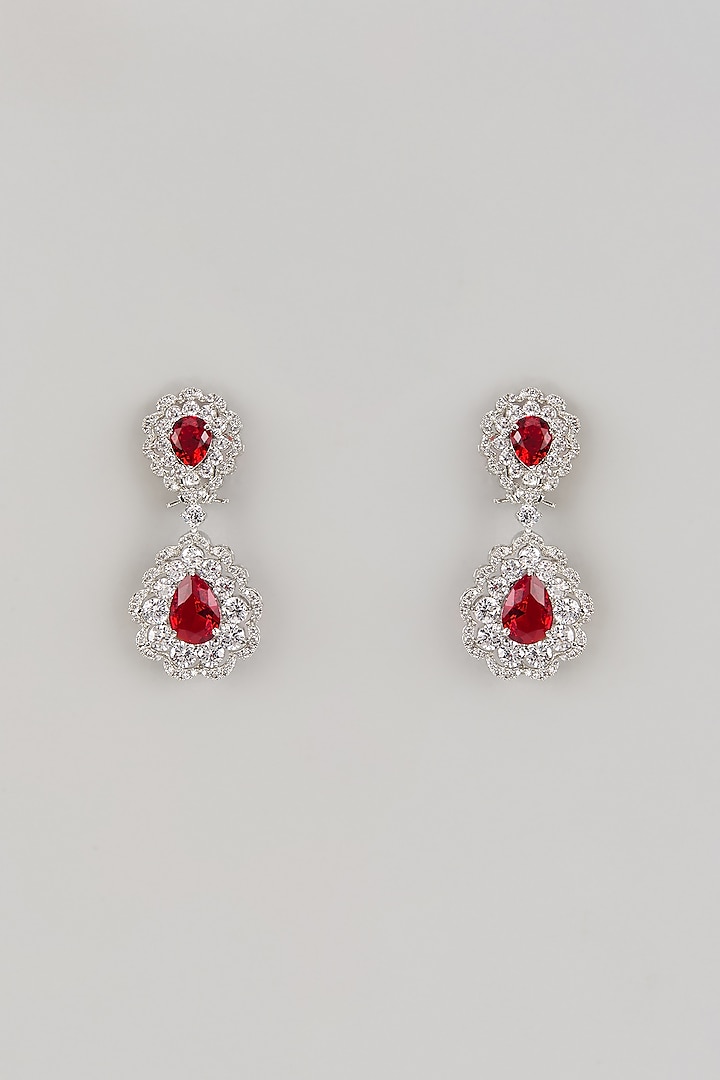 White Finish Zircon & Ruby Red Stone Dangler Earrings by Beryachi at Pernia's Pop Up Shop