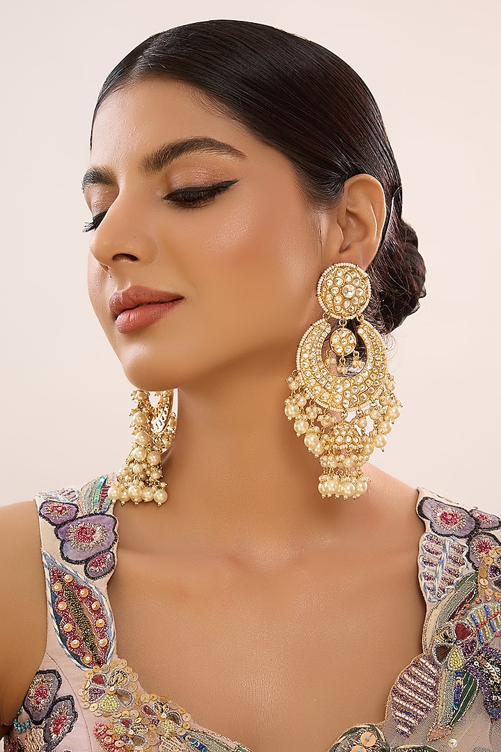 Gold Finish White Kundan Polki Chandbali Earrings by Beryachi at Pernia's Pop Up Shop