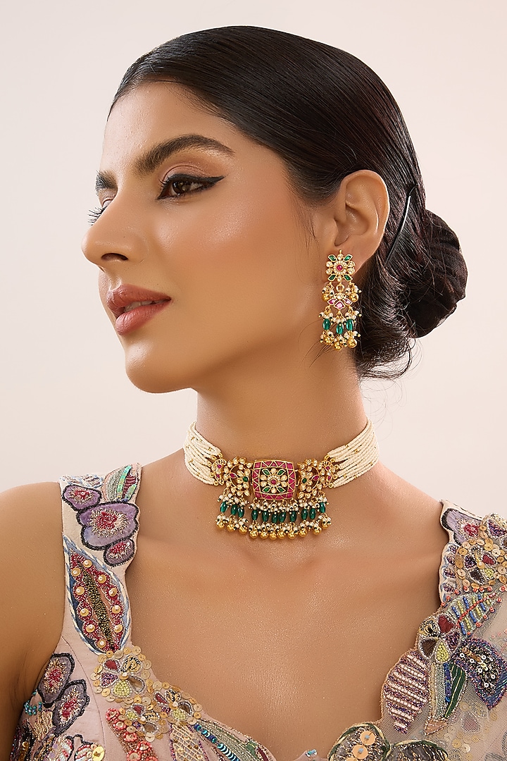 Gold Finish Multi-Colored Pachi Kundan Polki Choker Necklace Set by Beryachi at Pernia's Pop Up Shop