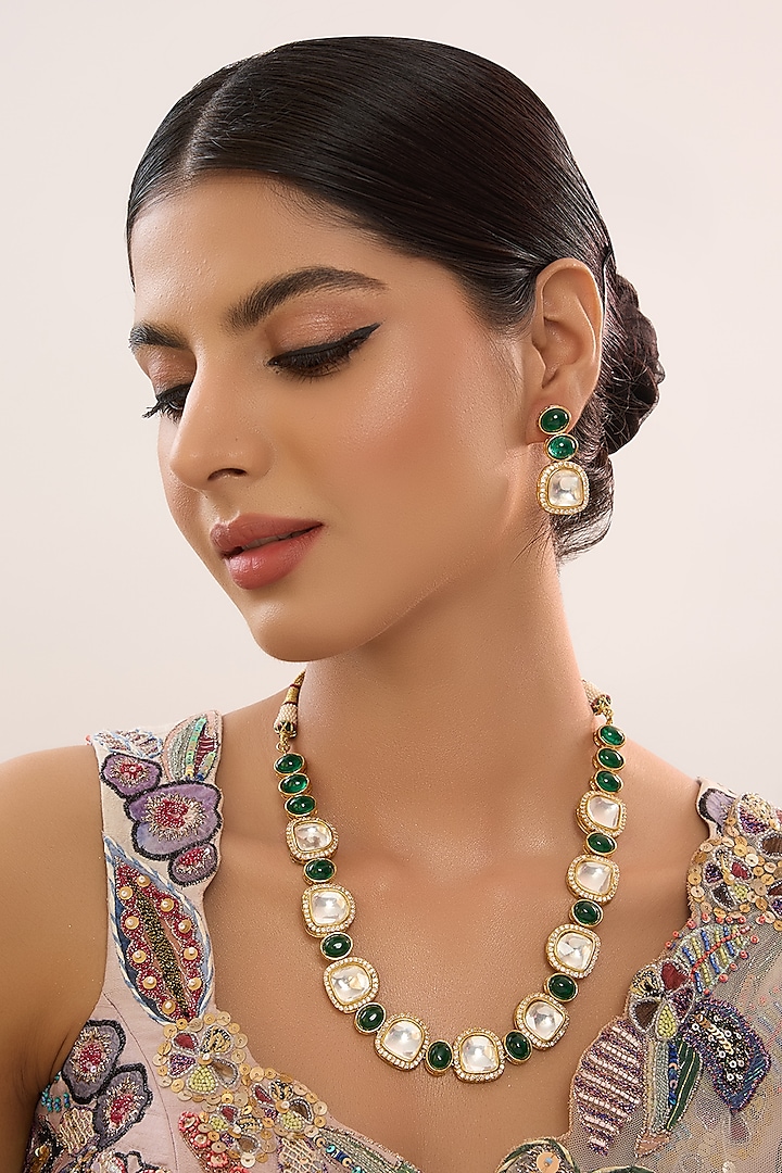 Gold Finish Kundan Polki & Emerald Green Stone Necklace Set by Beryachi at Pernia's Pop Up Shop