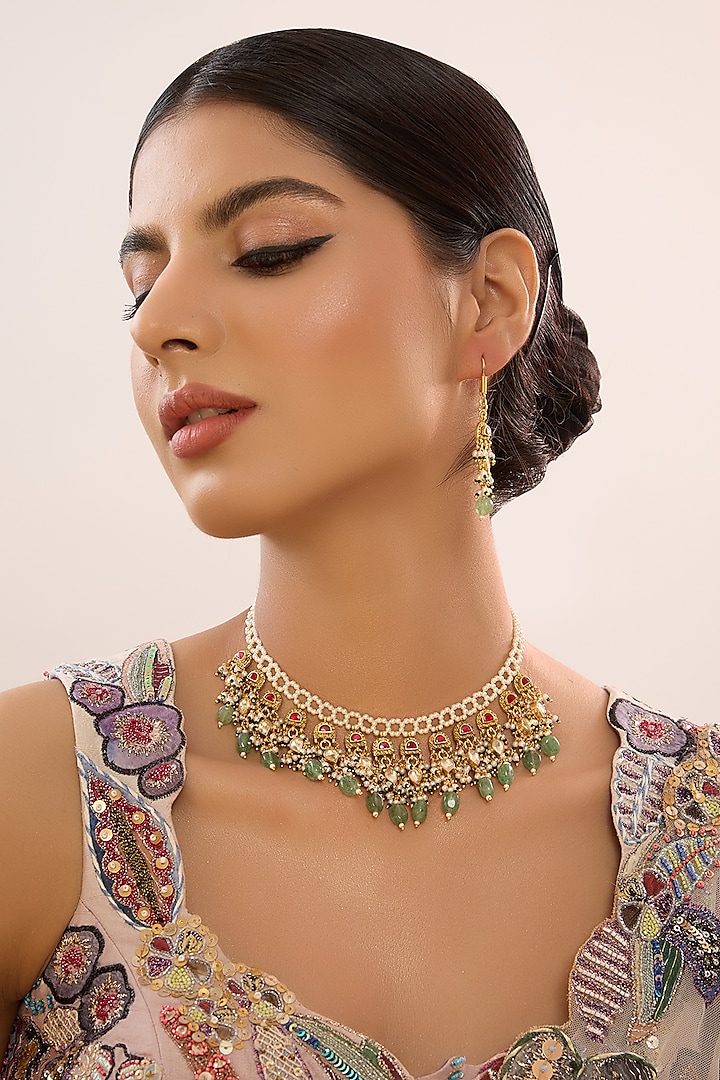 Gold Finish Pachi Kundan Polki & Pearl Necklace Set by Beryachi at Pernia's Pop Up Shop