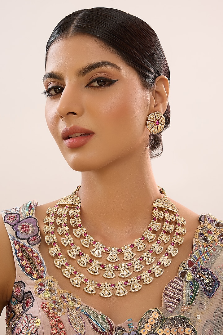 Gold Finish Kundan Polki & Ruby Stone Layered Necklace Set by Beryachi at Pernia's Pop Up Shop