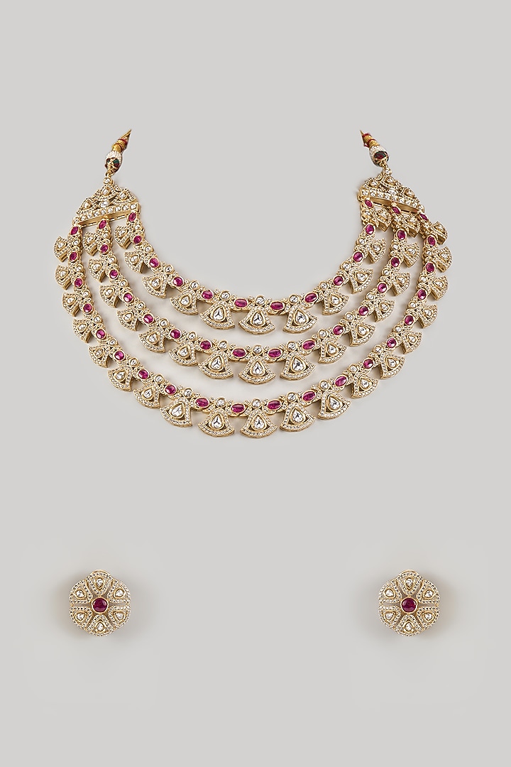 Gold Finish Kundan Polki & Ruby Stone Layered Necklace Set by Beryachi at Pernia's Pop Up Shop