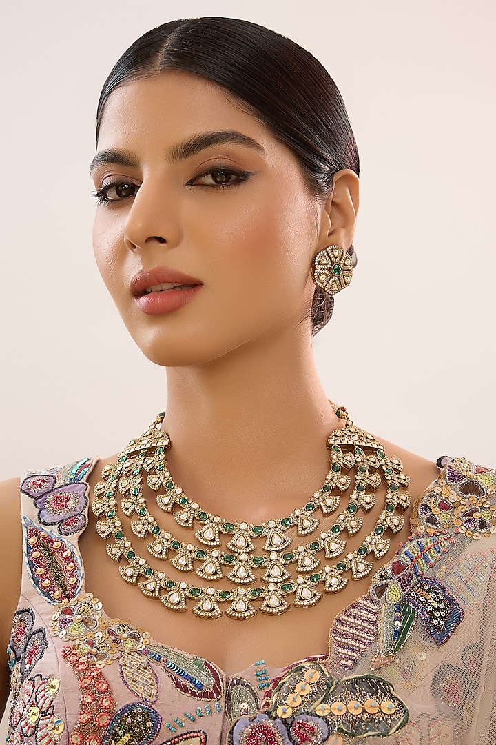 Gold Finish Kundan Polki & Green Stone Layered Necklace Set by Beryachi at Pernia's Pop Up Shop