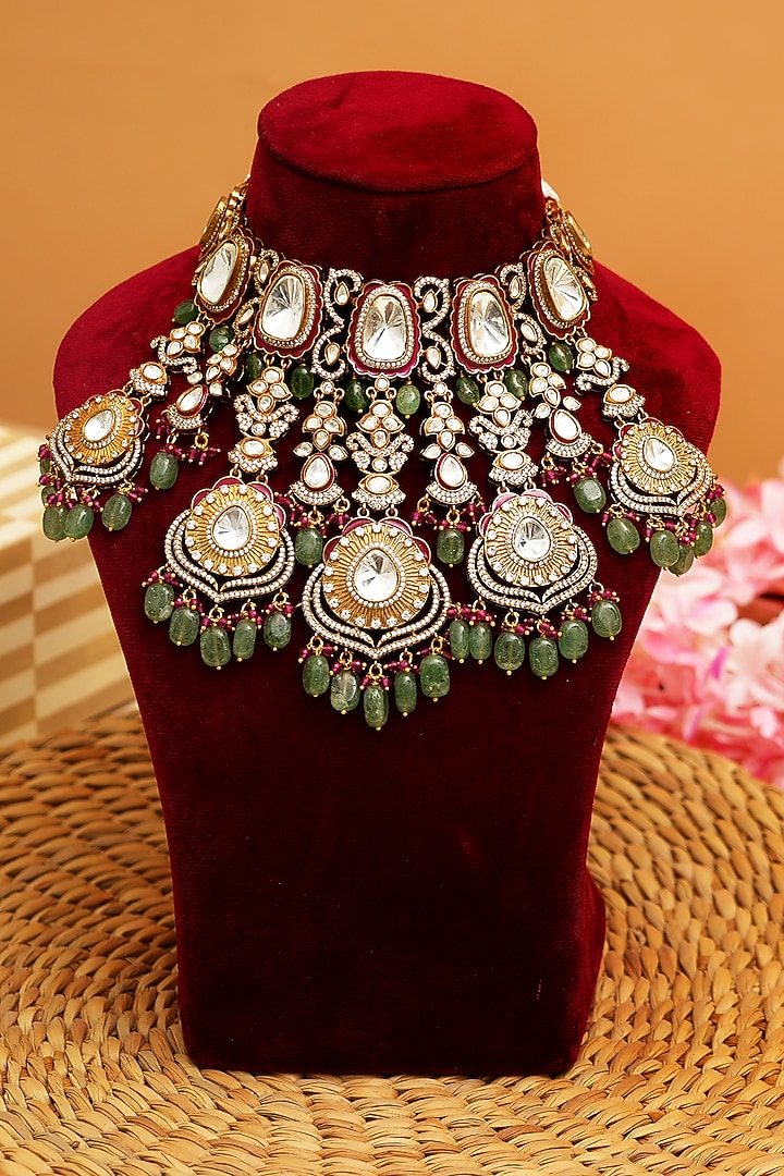 Gold Finish Kundan Polki Choker Necklace Set by Beryachi at Pernia's Pop Up Shop