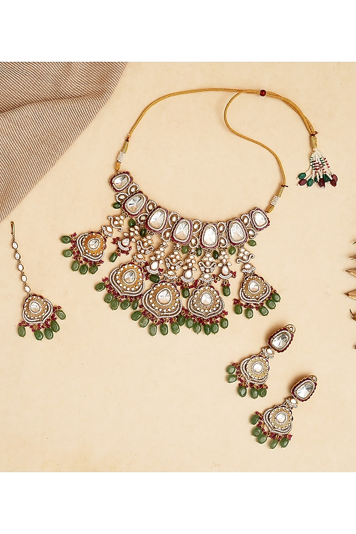 Gold Finish Kundan Polki Choker Necklace Set by Beryachi at Pernia's Pop Up Shop