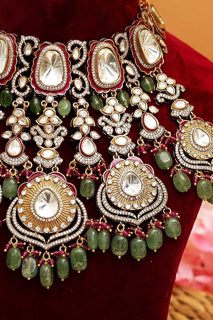 Gold Finish Kundan Polki Choker Necklace Set by Beryachi at Pernia's Pop Up Shop