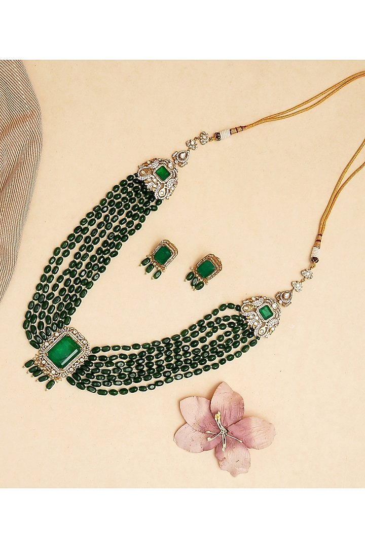 Gold Finish Emerald Stone Long Necklace Set by Beryachi at Pernia's Pop Up Shop