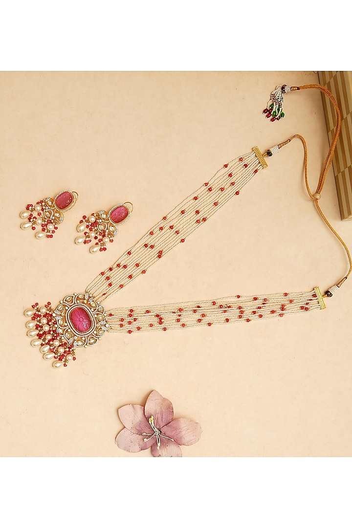 Gold Finish Pink Semi-Precious Doublet & Pearl Long Necklace Set by Beryachi at Pernia's Pop Up Shop