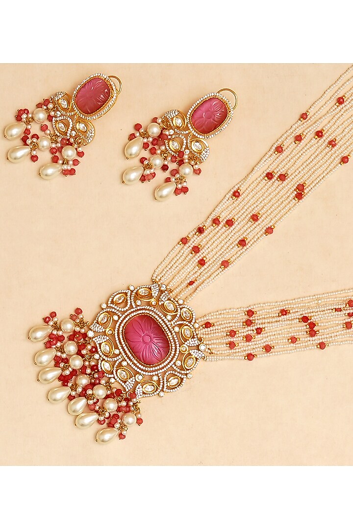Gold Finish Pink Semi-Precious Doublet & Pearl Long Necklace Set by Beryachi at Pernia's Pop Up Shop