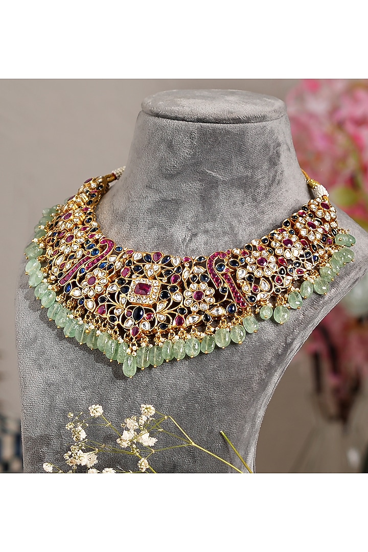 Gold Finish Kundan Polki & Multi-Colored Stone Necklace Set by Beryachi at Pernia's Pop Up Shop